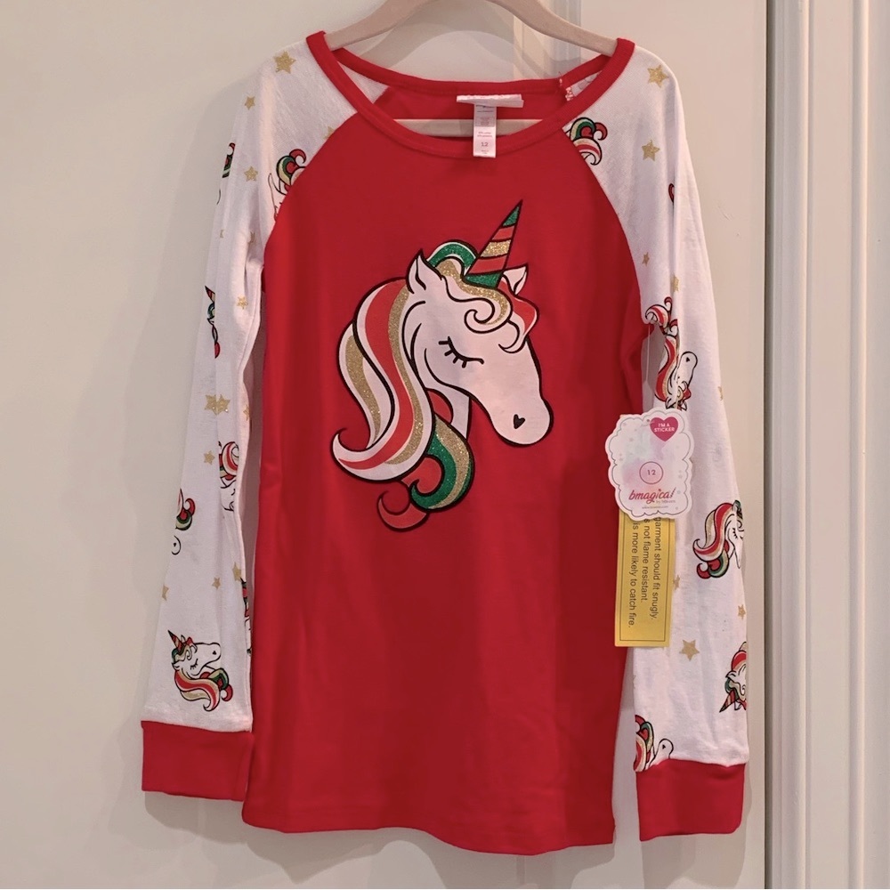 BMagical by Btween Girls Red Holiday Christmas Unicorn Pajama Top Size 12